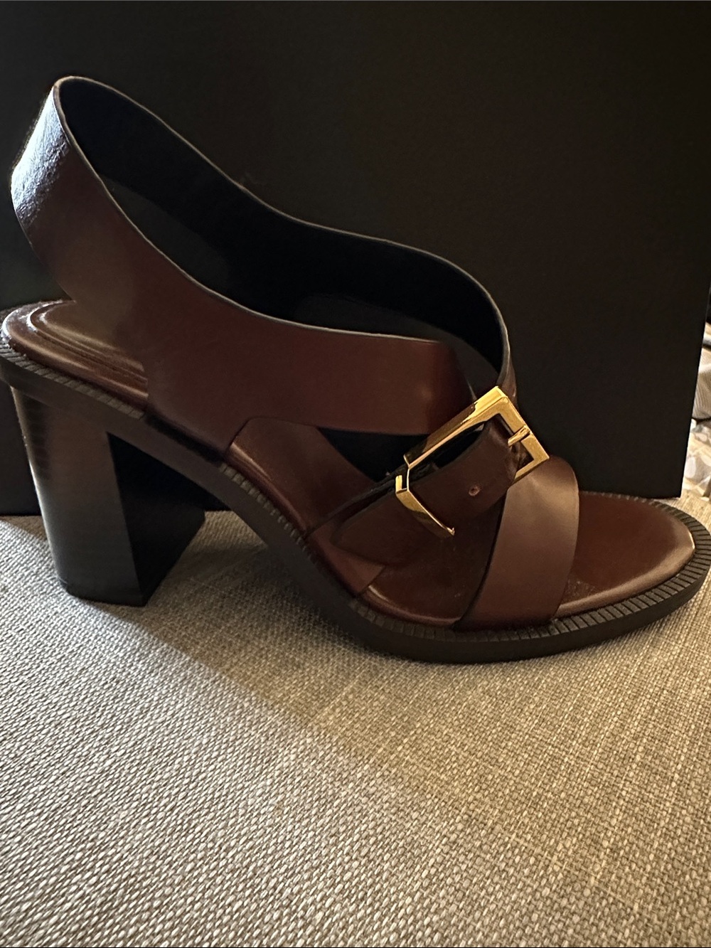 Zara Brown Leather Block Heel Sandal with Gold Buckle